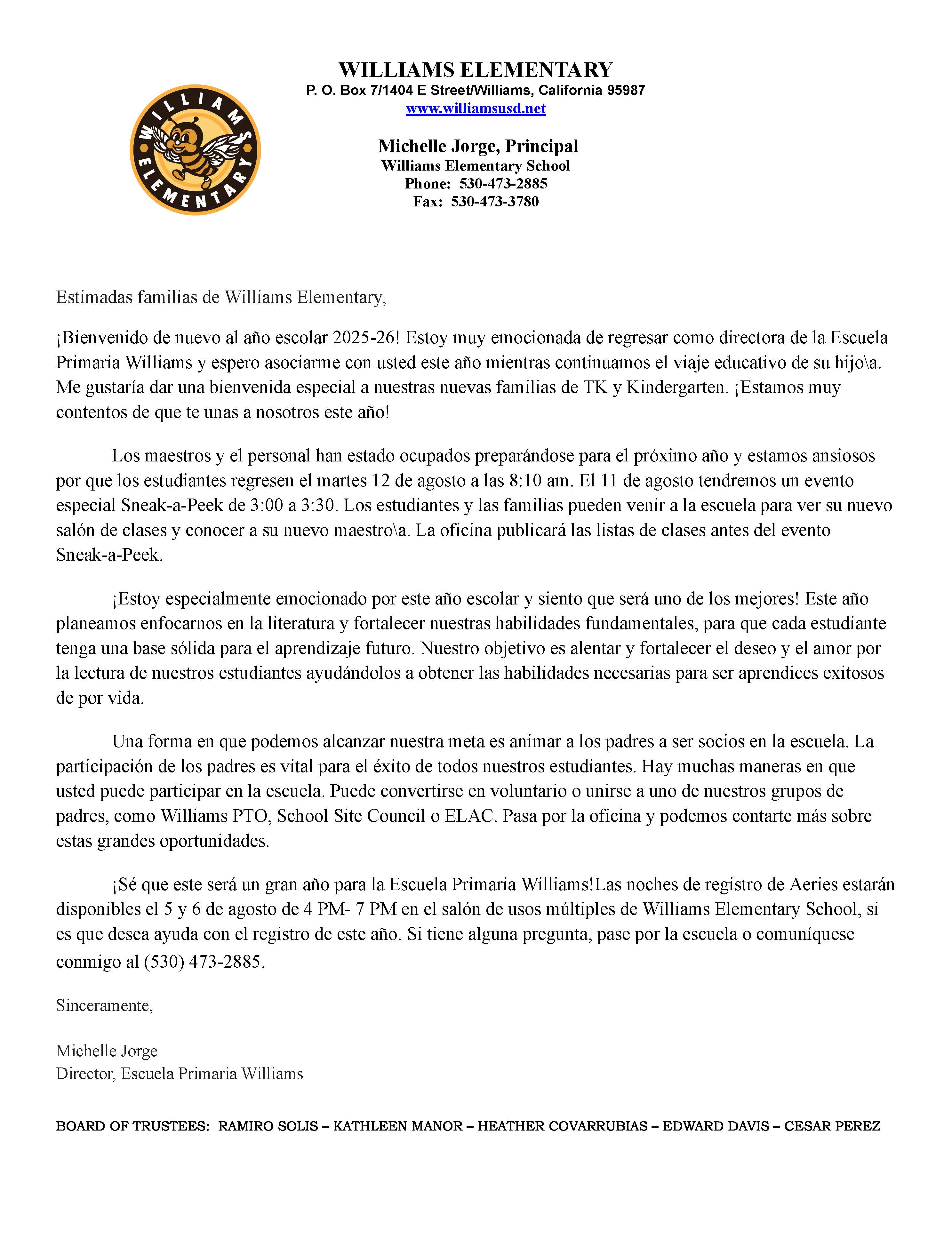 20256-26 Parent Welcome Letter Spanish