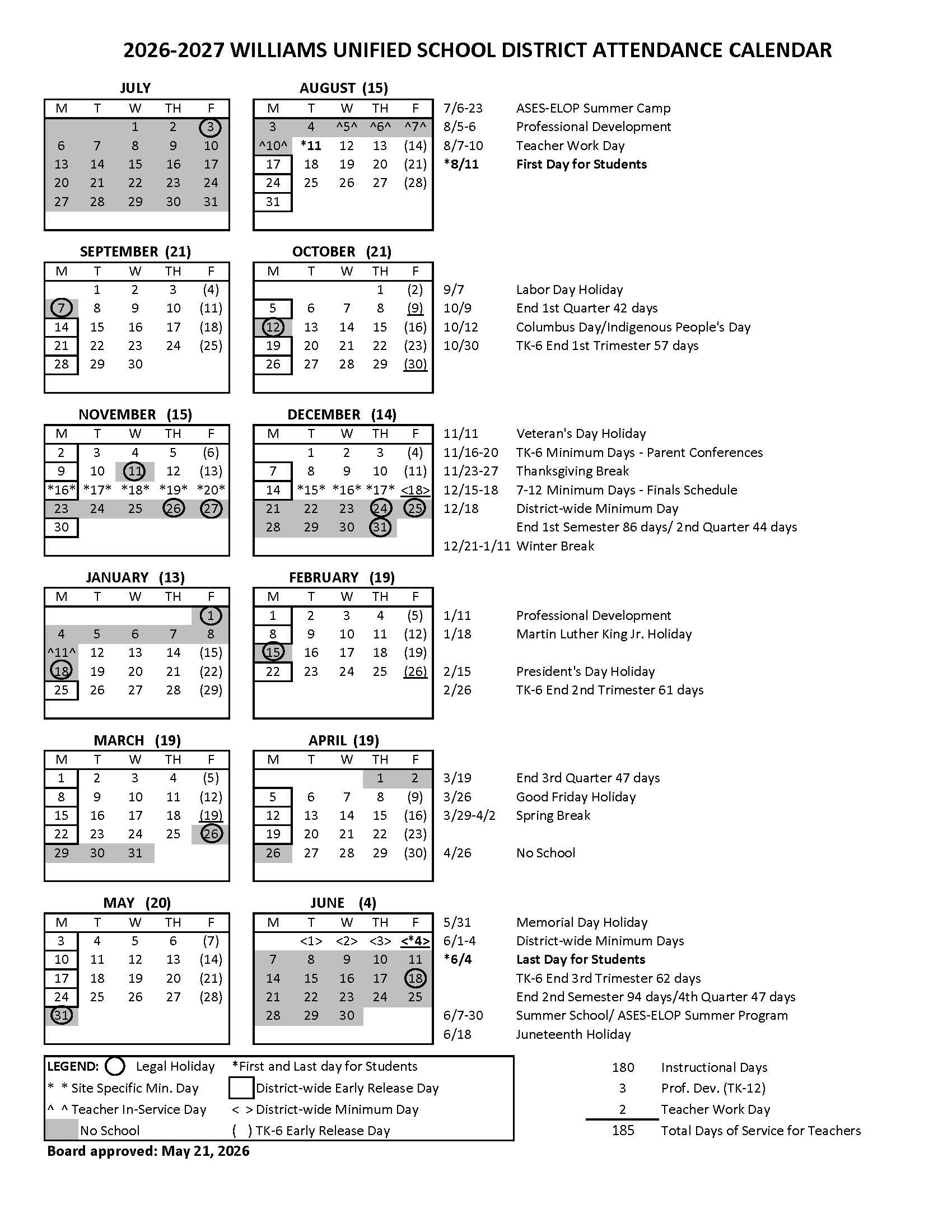 2025-26 WUSD Attendance Calendar
