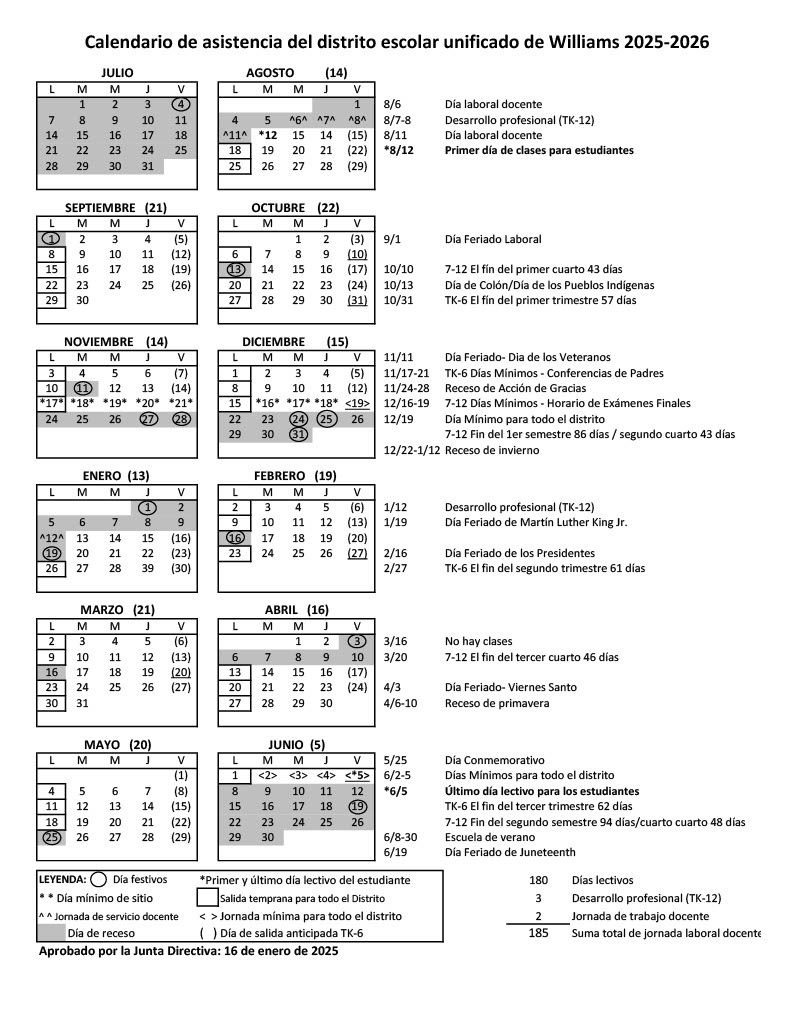 2025-26 WUSD Attendance Calendar Spanish