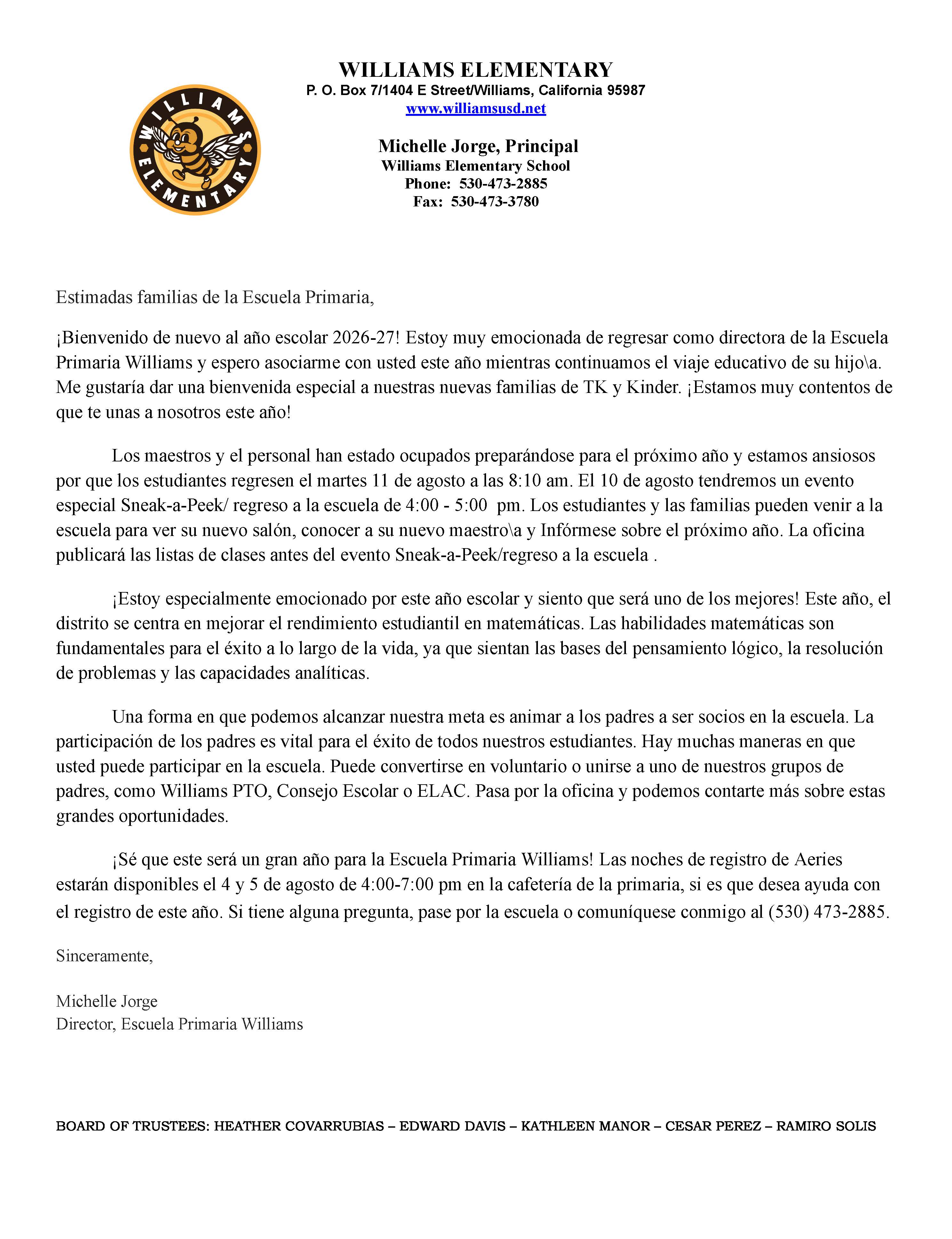 20256-26 Parent Welcome Letter Spanish