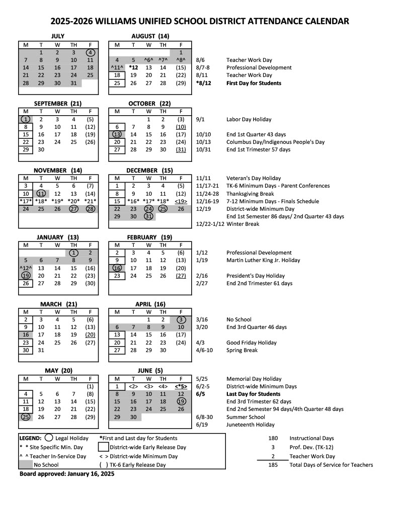 2025-26 WUSD Attendance Calendar