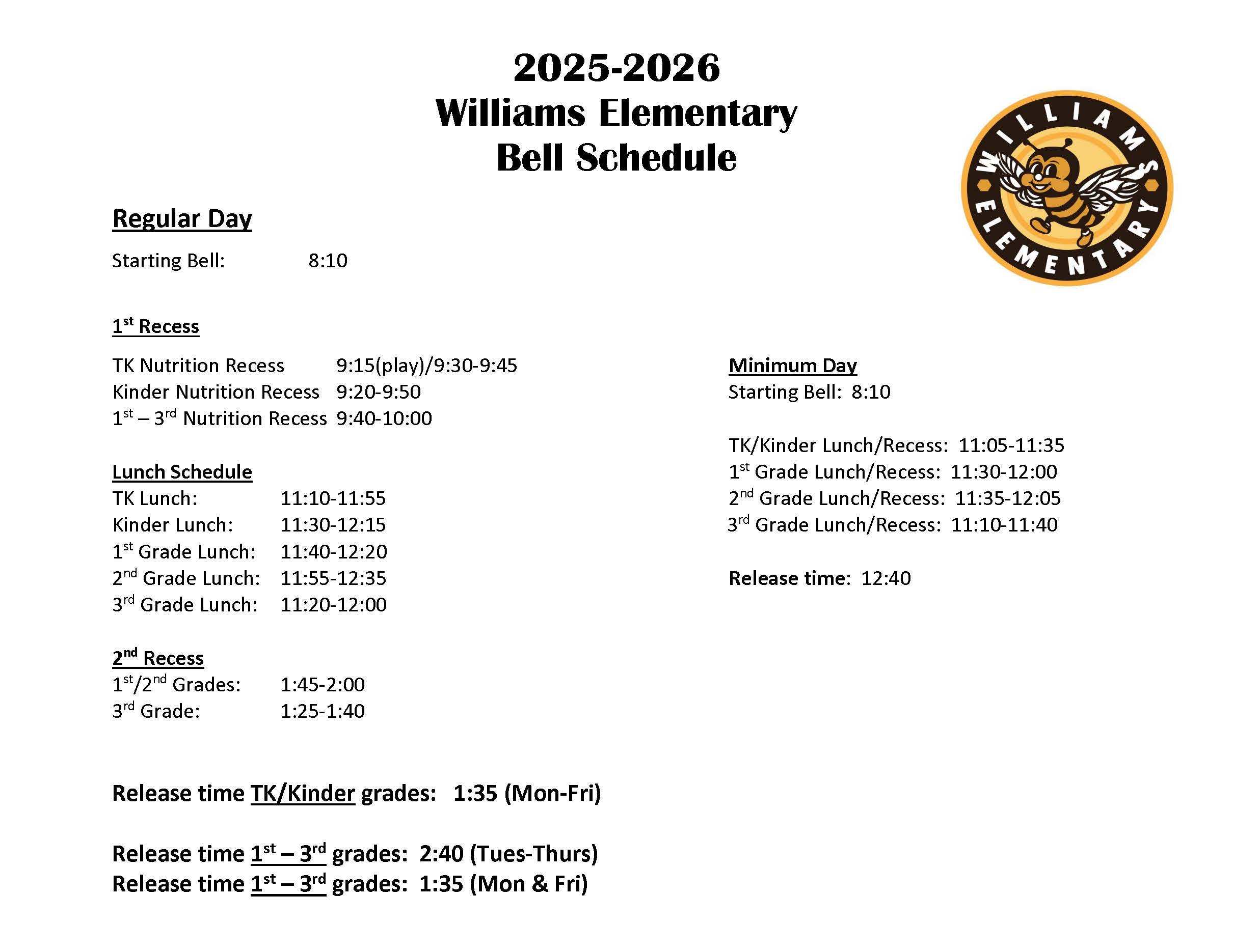 2025-2026 Williams Elementary Bell Schedule