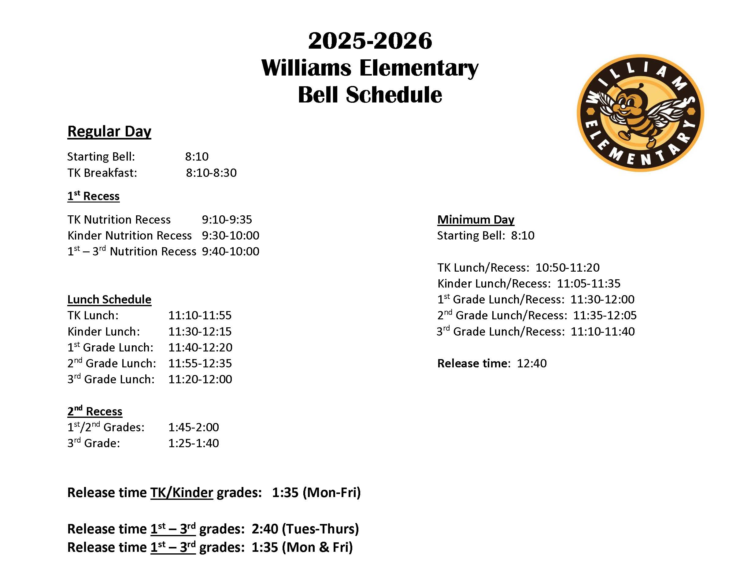 2025-2026 Williams Elementary Bell Schedule